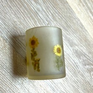 Vintage frosted glass candle votive with yellow flowers